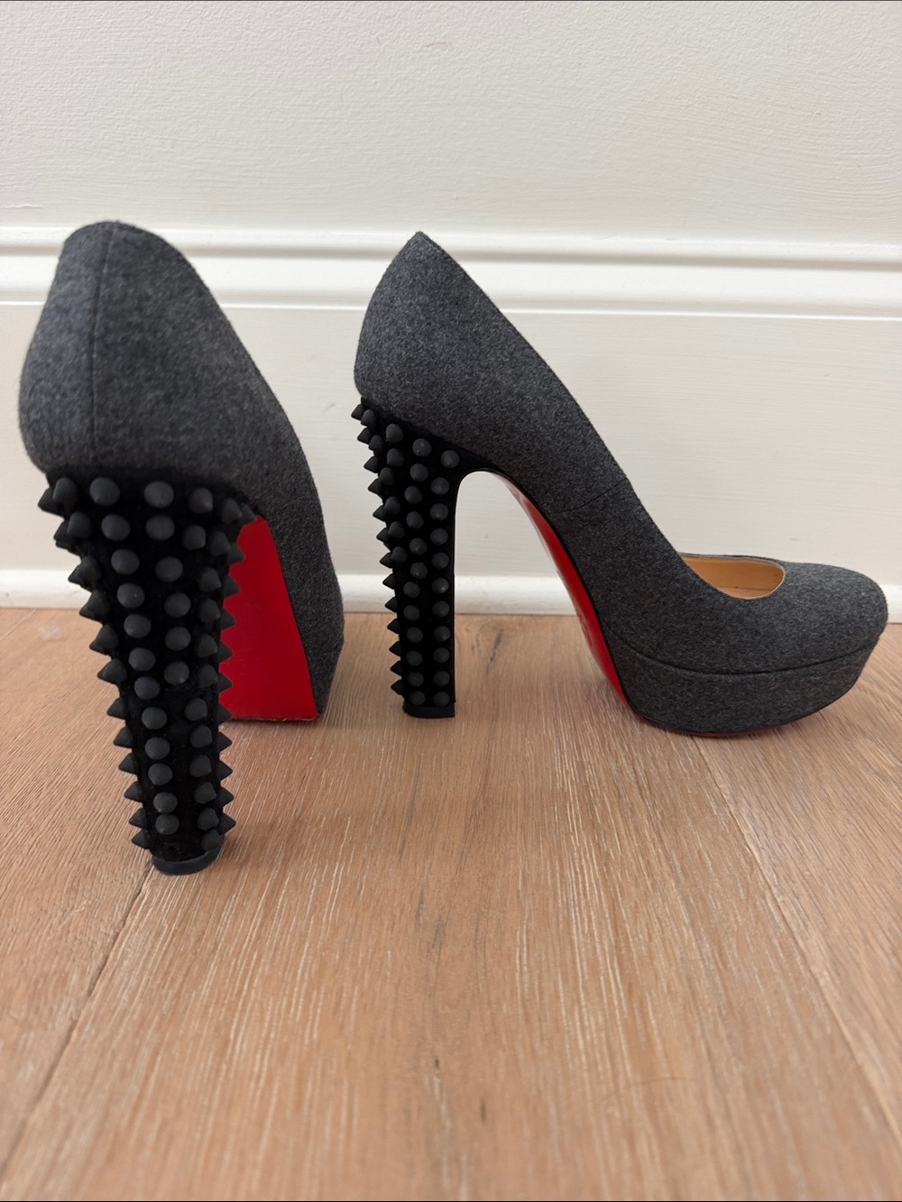 Christian Louboutin Charcoal Gray Wool Platform Pump with Spiked Black Heel